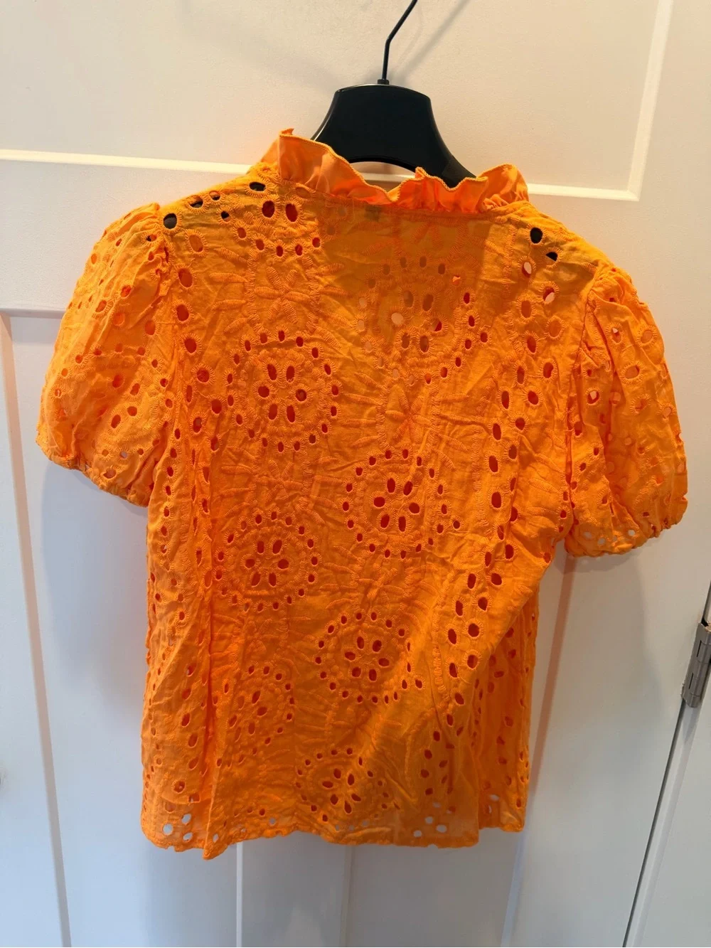 Orange Eyelet Embroidered Puff Sleeve Ruffle Blouse Top Medium